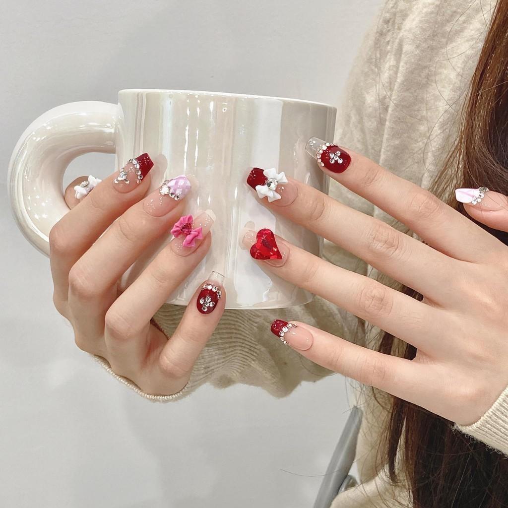 

100% РУЧНАЯ РАБОТА Набор накладных ногтей с клеем Принцесса Французский двойной цвет милый романтический ягодный цвет трехмерный бант сверкающий бриллиант Накладные ногти XS