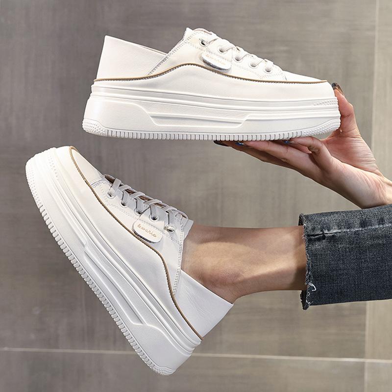 Genuine Leather Shoes Women Sneakers Flat Fashion Brand Ladies White Shoes Soft Comfortable Thick Sole 3cm