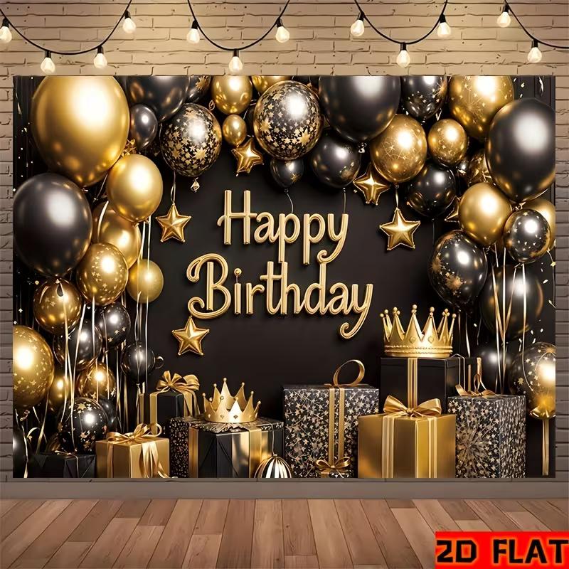 2D Luxury Black Gold Birthday Backdrop Banner King Crown Happy Birthday Party Decor Background