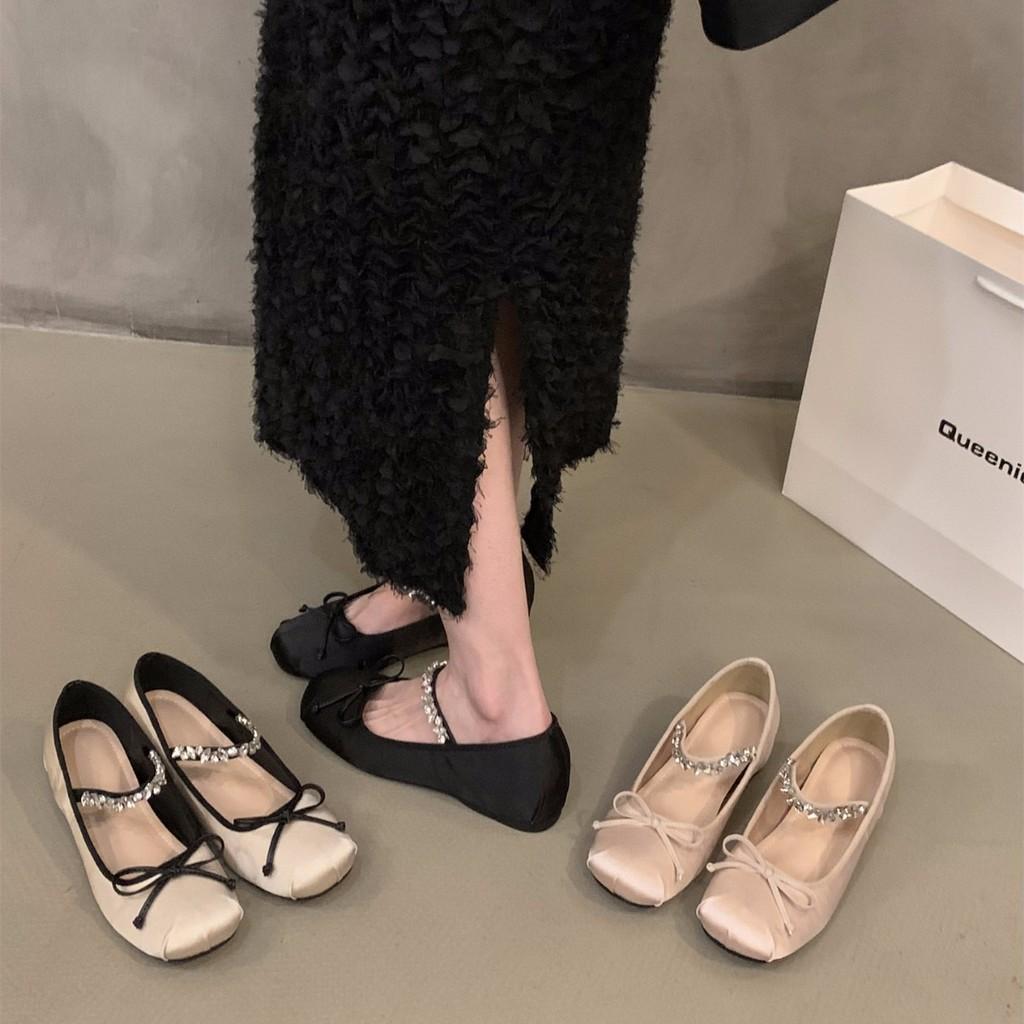 Pink Ballet Flat Shoes For Women With Block Heel And Satin Material For Daily Wear