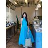 Kumikumi Gentle Wind Blue Pleat Hanging Neck Dress Women Summer French Style Age-Reducing Waist Hugging Large Swing Skirt Long Dress