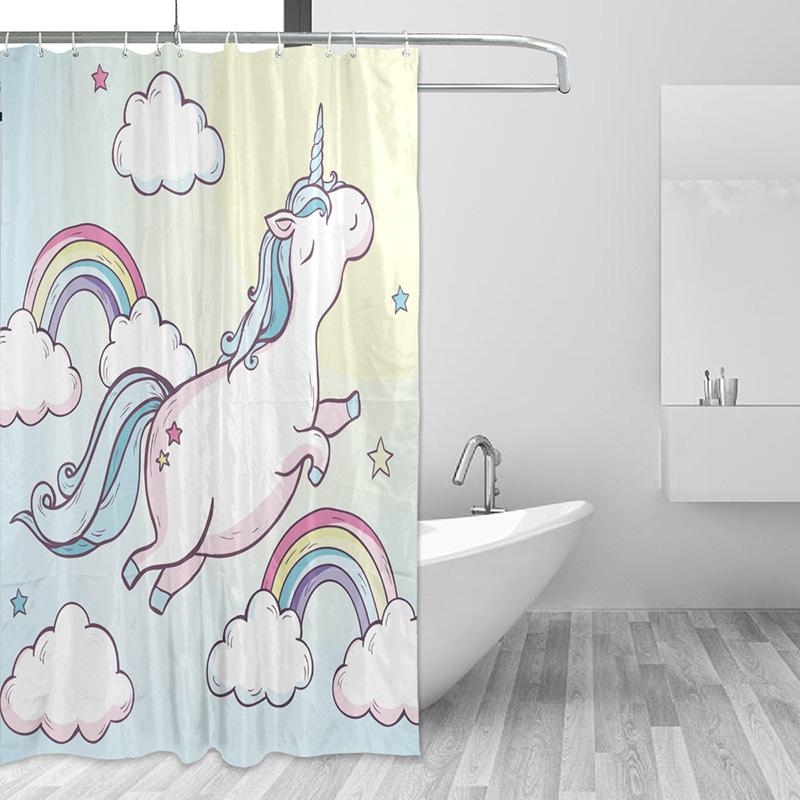 Lovely Cartoon Unicorn Shower Curtain Smiling Animal Poop A Rainbow Waterproof Fabric Bathroom Curtains Mildew Resistant Curtain