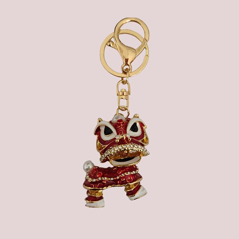 Chinese Style Lion Dance Rhinestone Metal Keychain Small Pendant Creative Backpack Keychain