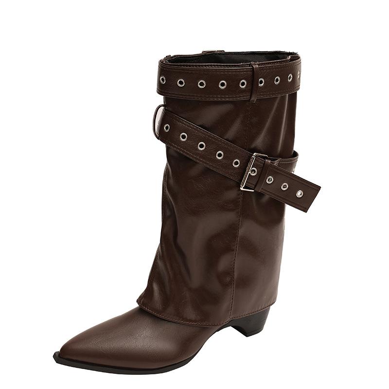 2025 new American Spice Girl riveted trouser legs heightened pointed short boots women's autumn and winter new western cowboy boots black