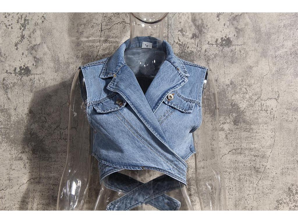 2024 Women's Two-Piece Fashion Set: Irregular Denim Vest with Puff Sleeve Shirt