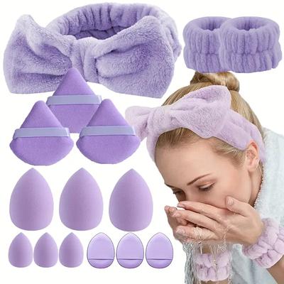 15 Stück Kombination Dreieck Puderquaste Beauty Make-up Quaste Set Frauen Make-up Werkzeuge mit 1 Stück Schleifenknoten Stirnband und 2 Stück Schweißbändern