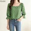 ZANZEA Women Polka Dot Print Casual Round Neck 3/4 Sleeve Elegant Blouse