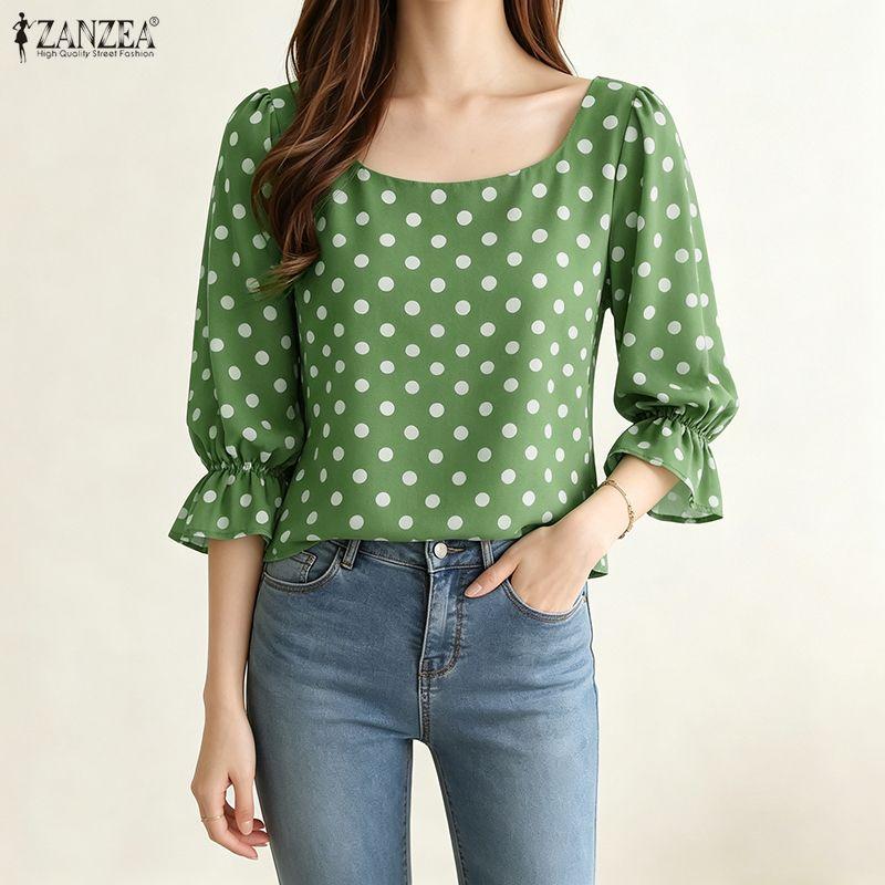 ZANZEA Women Polka Dot Print Casual Round Neck 3/4 Sleeve Elegant Blouse