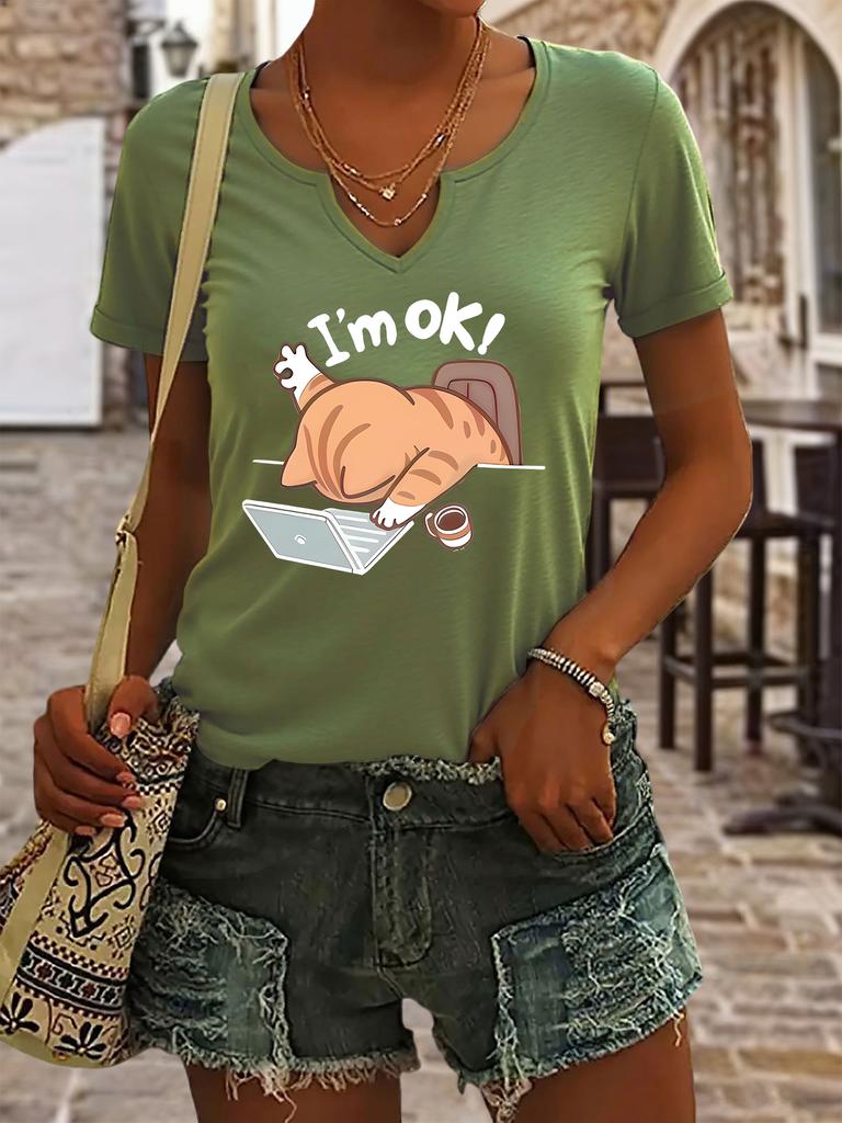 Women's Summer V-Neck Short Sleeve T-Shirt, "I'm OK!" Lazy Cat Office Print, Funny Cat Lover Casual Fashion Top