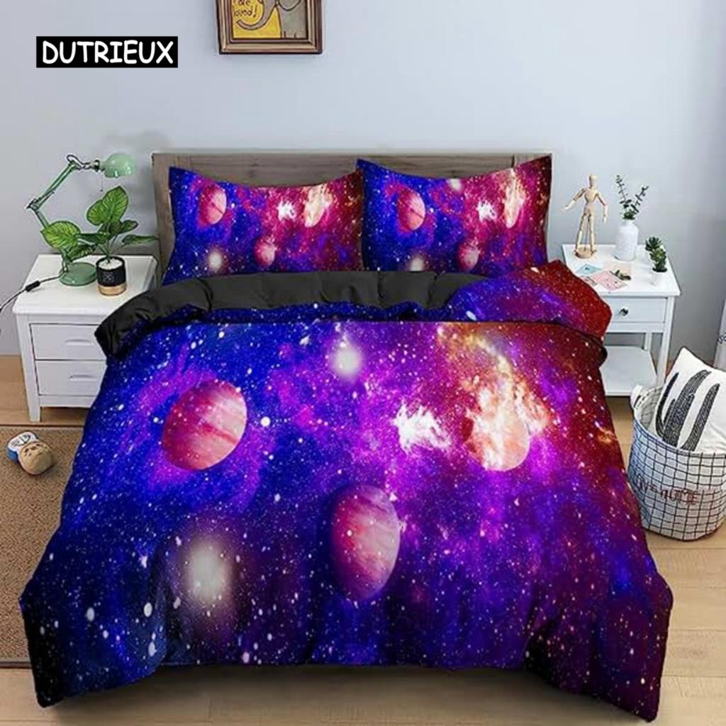Galaxy Duvet Cover Full Size for Girls Boys Teens Kid Starry Sky Cosmos Comforter Cover Soft Microfiber Zipper Blue Purple Decor