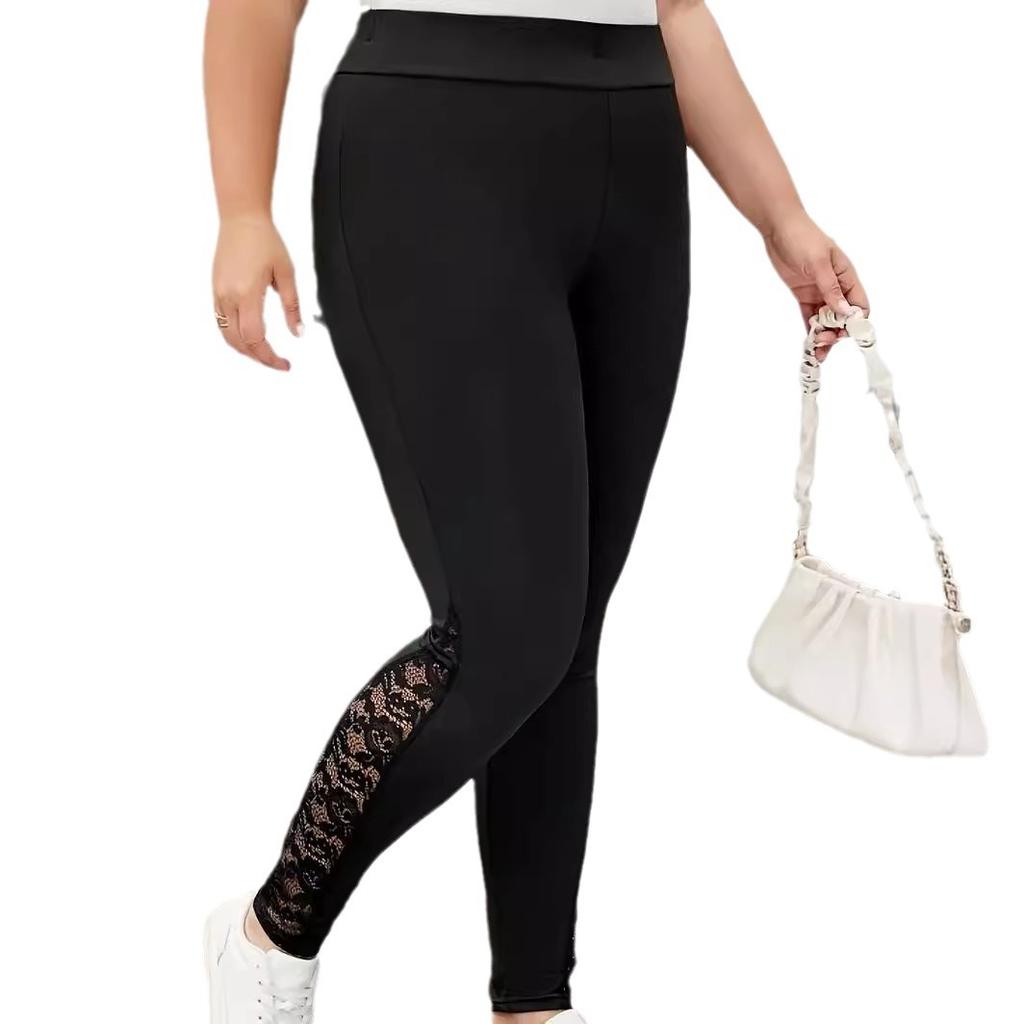 Pantaloni Estivi da Donna Taglie Forti con Contrasto di Pizzo Intrecciato, Pantaloni Skinny