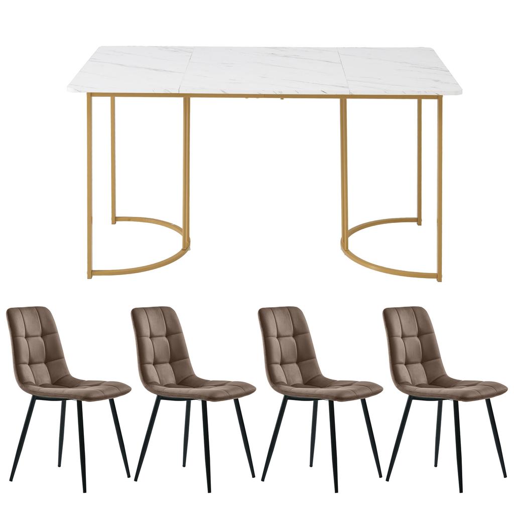 Dining Set (5-Piece), Dining Table with 4 Chairs Set, 140×80cm Kitchen Table with Golden Metal Legs, MDF Tabletop In White, Brown Velvet Dining Chairs
