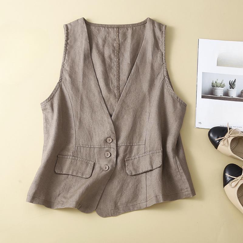 Women's Summer Vintage Solid Vests Sleeveless V-Neck Tank Tops Elegant OL Work Shirt Fashion Streetwear Chemise Pockets