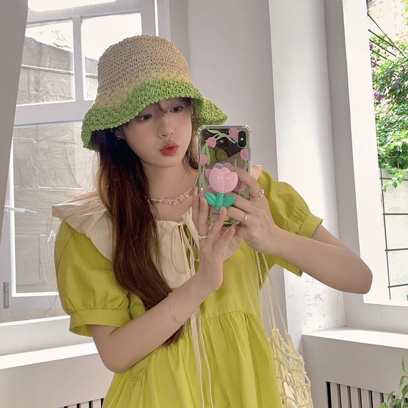 Purple Straw Hat for Women's Summer Outings Sun Protection and Shade Beach Fisherman Hat Color Blocked Grass Woven Basin Hat