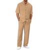 Men's Summer Hawaiian Solid Stripe Textured Button Shirt Trousers Set