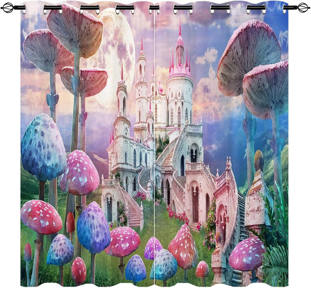 3D Colorful Psychedelic Mushroom World Design Curtains, Blackout Curtains for Living Room Home Decor, Window Drapes,2 Panels