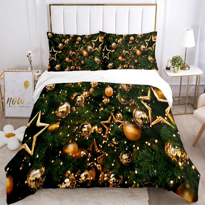 3pcs Christmas Tree Decorations with Gold Ornaments and Stars Bedding Set - Festive Holiday Gift for Home Decoration (Includes One Quilt Cover and Two