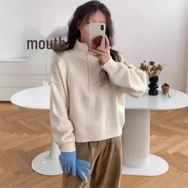 Women's Korean-Style Double Zipper Stand Collar Knit Cardigan - Loose Fit, Casual, Autumn/Winter 2024 Sweater Coat