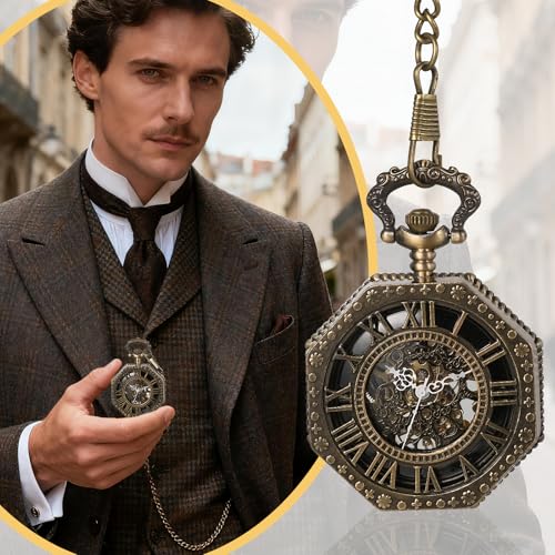 Antique Mechanical Pocket Watch with Hand-Wound Skeleton: Octagonal Roman Analogue Pocket Watch with Retro Pendant and Brown Chain - Perfect Gift for