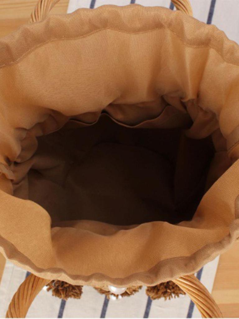 Handcrafted Fashion Bucket Bag: Pearl & Flower Woven Paper Rope Design