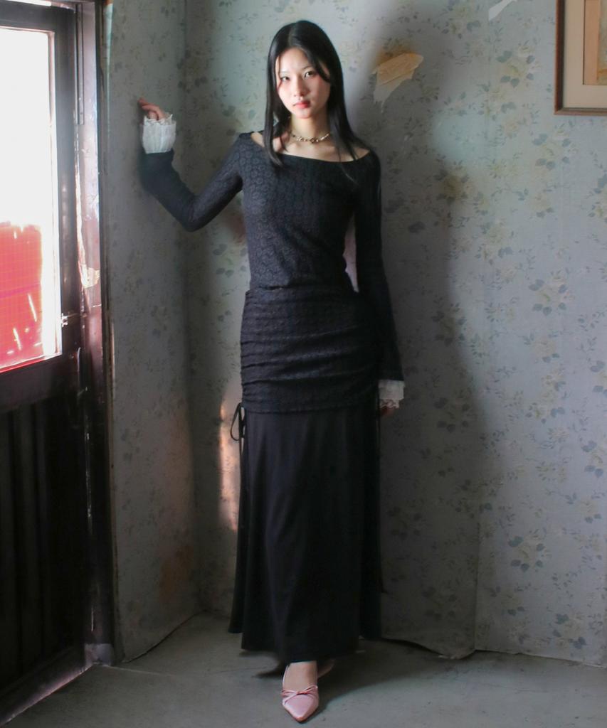 Rubati Alina Antique Lace Shirred Maxi Skirt_Black