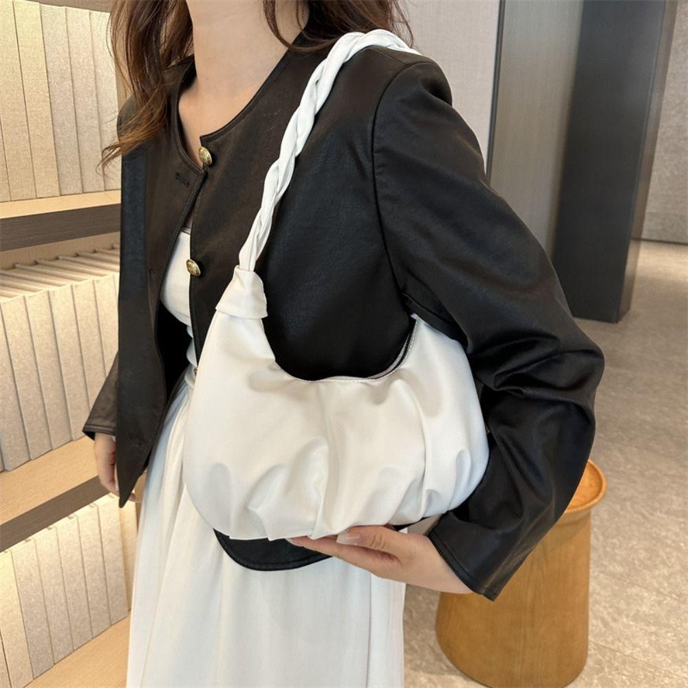Solid Color PU Pleated Shoulder Bag Underarm Fashion Handbag Cute Dumplings Shoulder Bag  Gift