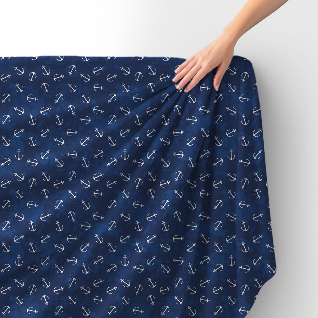 Royal Velvet Fabric Polyester For Sewing - Anchor Motif On Navy Blue
