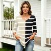 Women’s 3/4 Sleeve V Neck Button Decor Top with Geometric Print Casual Loose Fit Blouse for Daily Wear