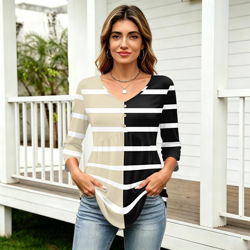 Women’s 3/4 Sleeve V Neck Button Decor Top with Geometric Print Casual Loose Fit Blouse for Daily Wear