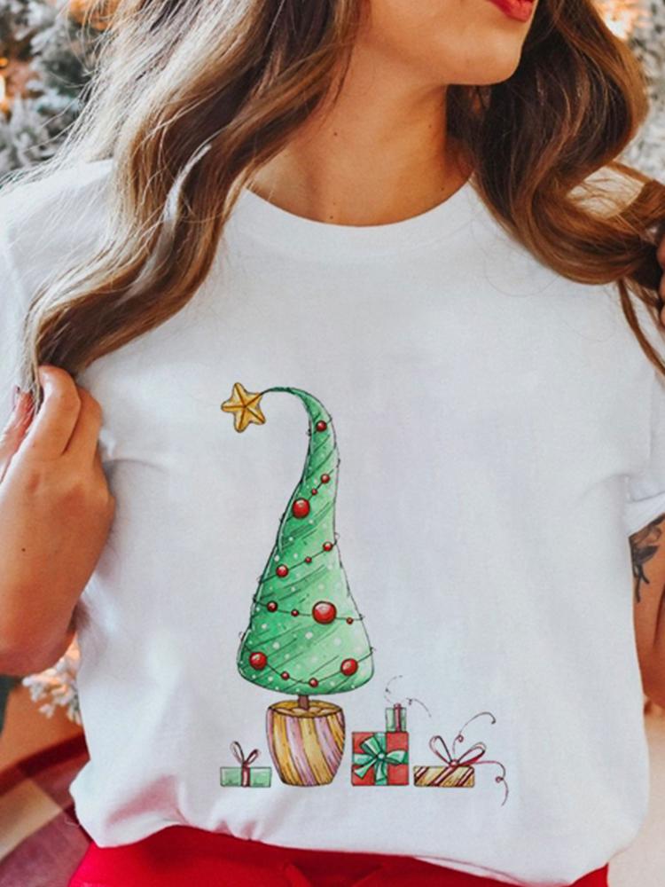Women's Tops Christmas Short Sleeve Tees Female Summer Beach Funny Cartoon Santa Reindeer Printed T-Shirt Regular Graphic Female