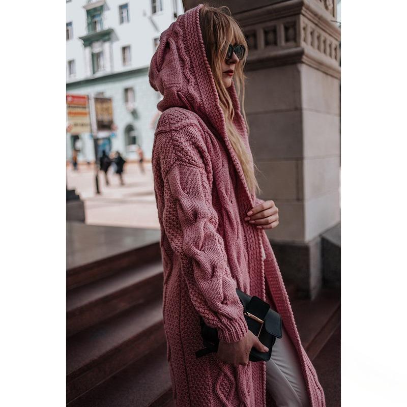 Autumn and Winter New Solid Color Hooded Long Cardigan Sweater Women's Twist Knitted Sweater