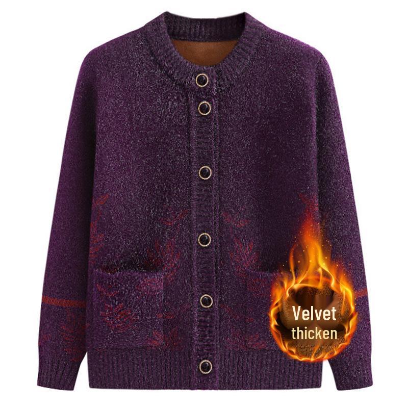 Warm Fleece-Lined Cardigan for Middle-Aged and Elderly Women - Spring/Autumn Style