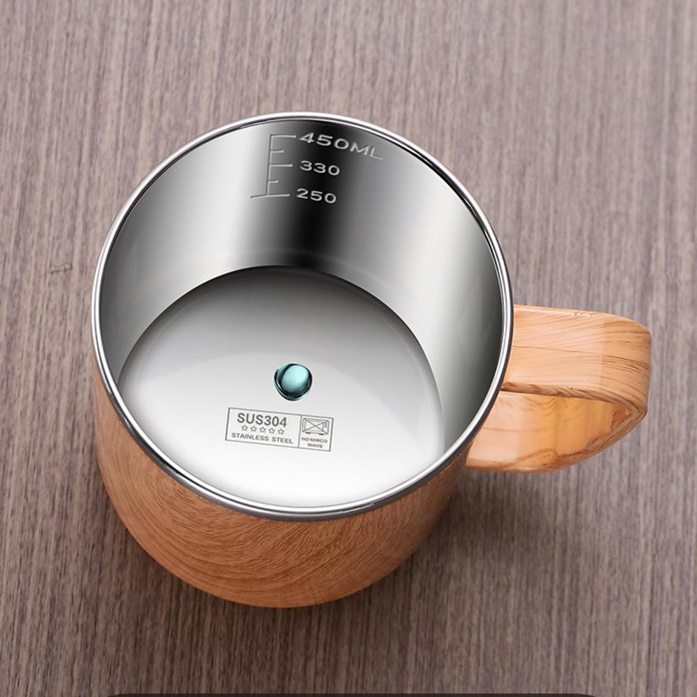 Vintage wood grain stainless steel mug, Double-layer Insulated coffee mug, Office tea cup with lid, Morning milk cup, 480ml