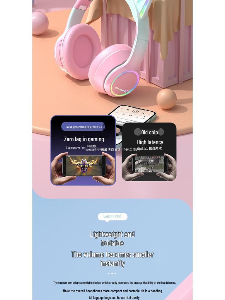 Wireless Bluetooth Cat Ear Headphones - Noise Cancelling, Over-Ear, Gaming & Music for Kids & Computers