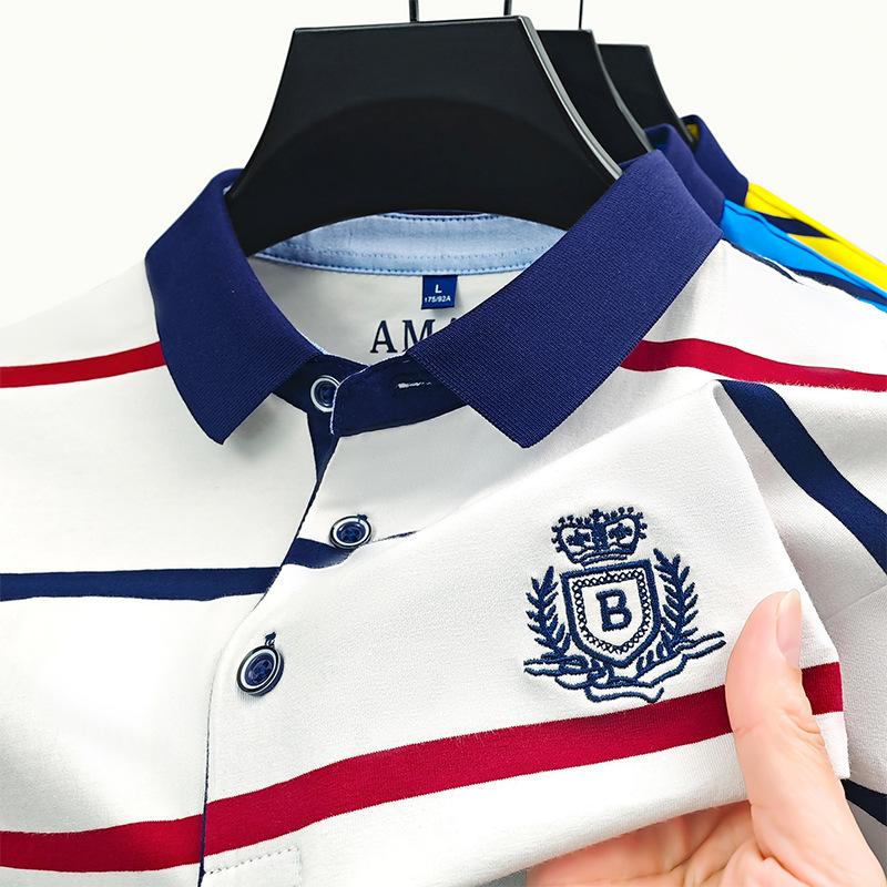 Classic Men'S Striped T-Shirt Short-Sleeved Lapel Cotton T-Shirt Bottoming Shirt Thin Business Polo Shirt