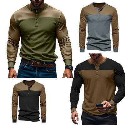Vintage Patchwork Mens Crew Neck T Shirts Outono Manga Longa Contraste Cor Botões Tops para Homens Casual Slim Pullover Masculino Tees