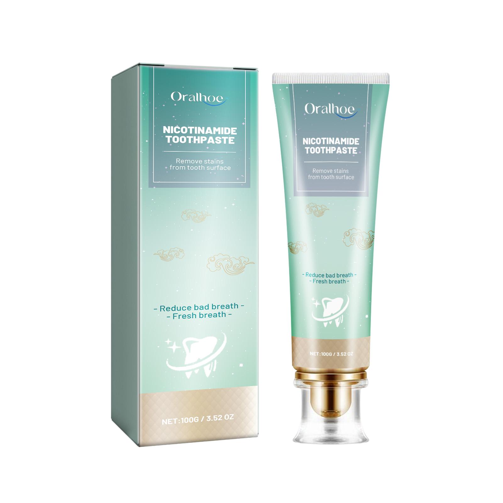 Отбеливающая зубная паста с никотинамидом: Отбеливает зубы, удаляет зубной камень, освежает дыхание и защищает здоровье полости рта.