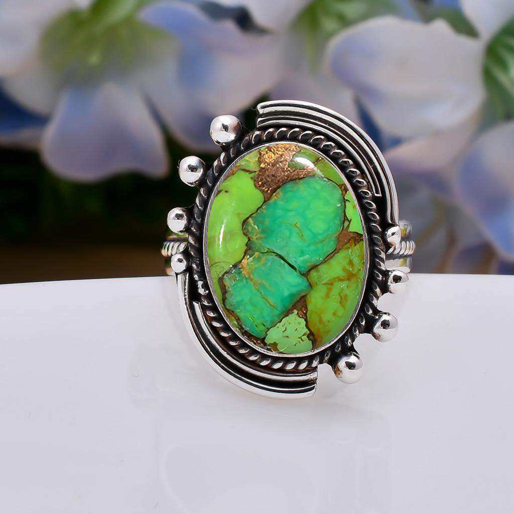 Copper Green Turquoise 925 Sterling Silver Ring V5005, Green Ring, Oval Ring, Valentin's Day Gift, Gift For Her, Birthday Gift, Handmade Jewelry, Silv