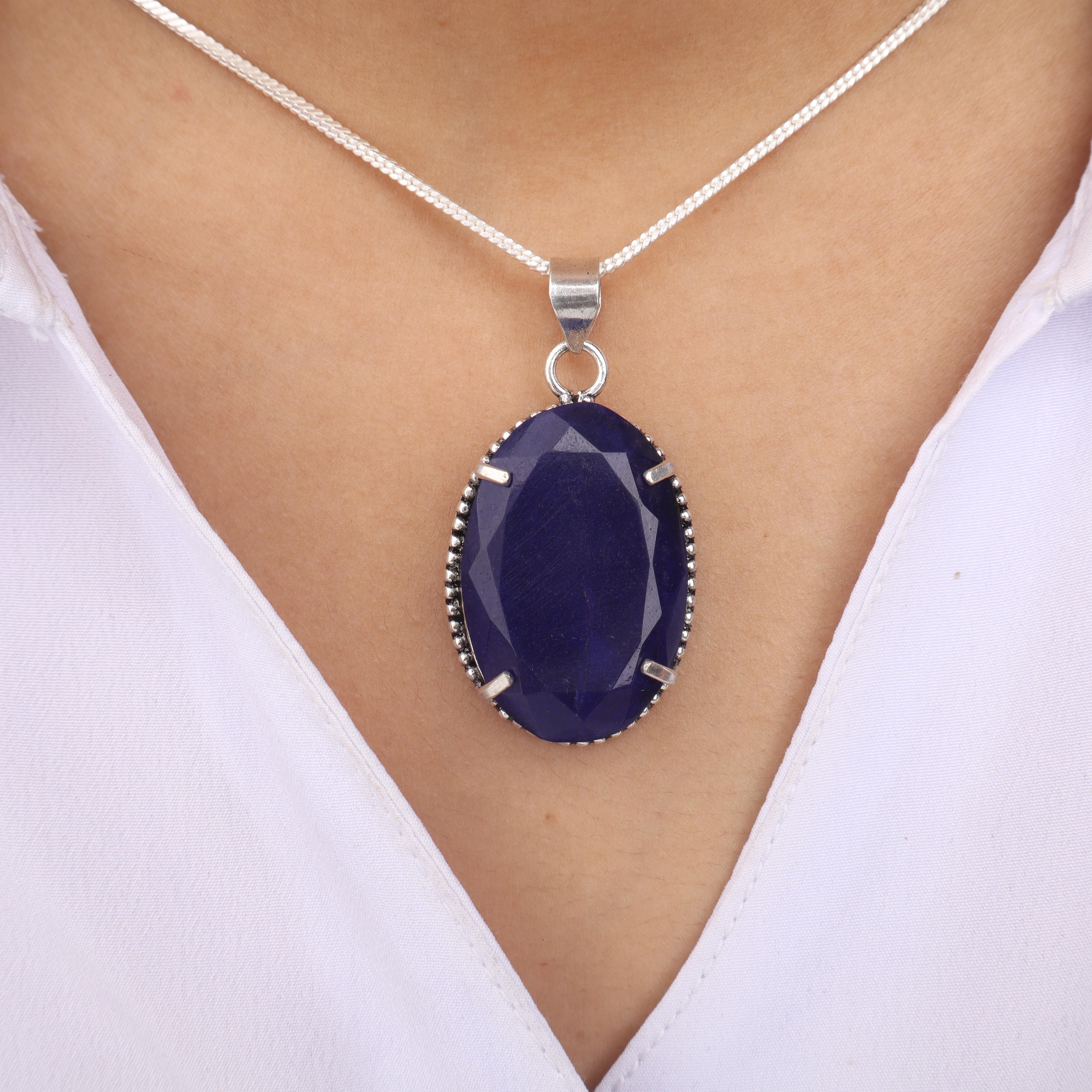 

Madagascar Blue Shapphire Gemstone Silver Pendant, 925 Sterling Silver Jewelry Blue Stone Pendant For Women PP-63-20
