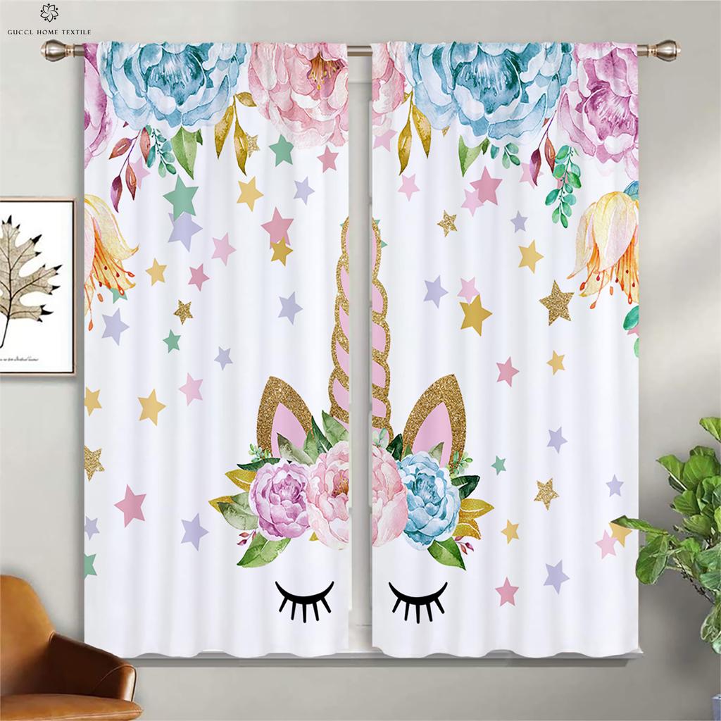 Animated Cartoon Unicorn Eyelash Curtains, Pink Floral Cute Pattern, Girl Room, Living Room, Study Window Decoration, 2Pcs