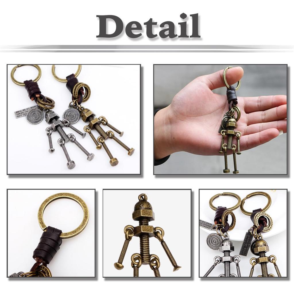 White Fang Leather Robot Screw Key Ring Keychain Retro Charm for Men and Women, AZ293 (Bronze)
