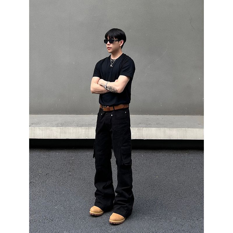 Blaexit American-Style Cleanfit Black Scimitar-Flared Cargo Pants Multi-Pocket Jeans Men's Vibe Pants