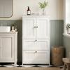 Bathroom Cabinet with 2 Drawers, Free-standing, with Adjustable Shelf and Doors In Slatted Look, White