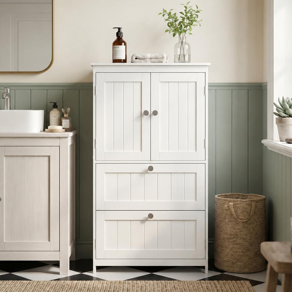 Bathroom Cabinet with 2 Drawers, Free-standing, with Adjustable Shelf and Doors In Slatted Look, White