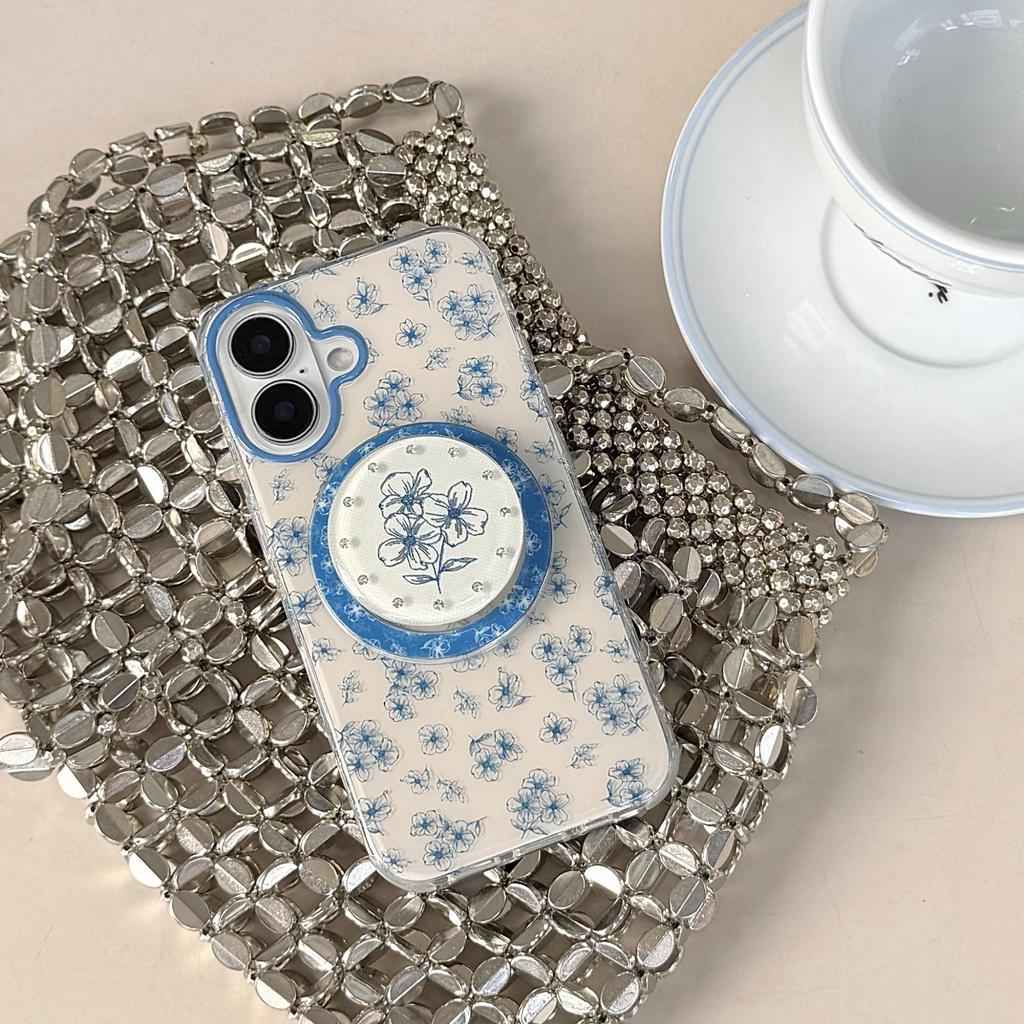 Retro Blue Flower Diamond Studded Magnetic Phone Case for Apple 16/17 Pro Max/iPhone 15, 14P (Female)