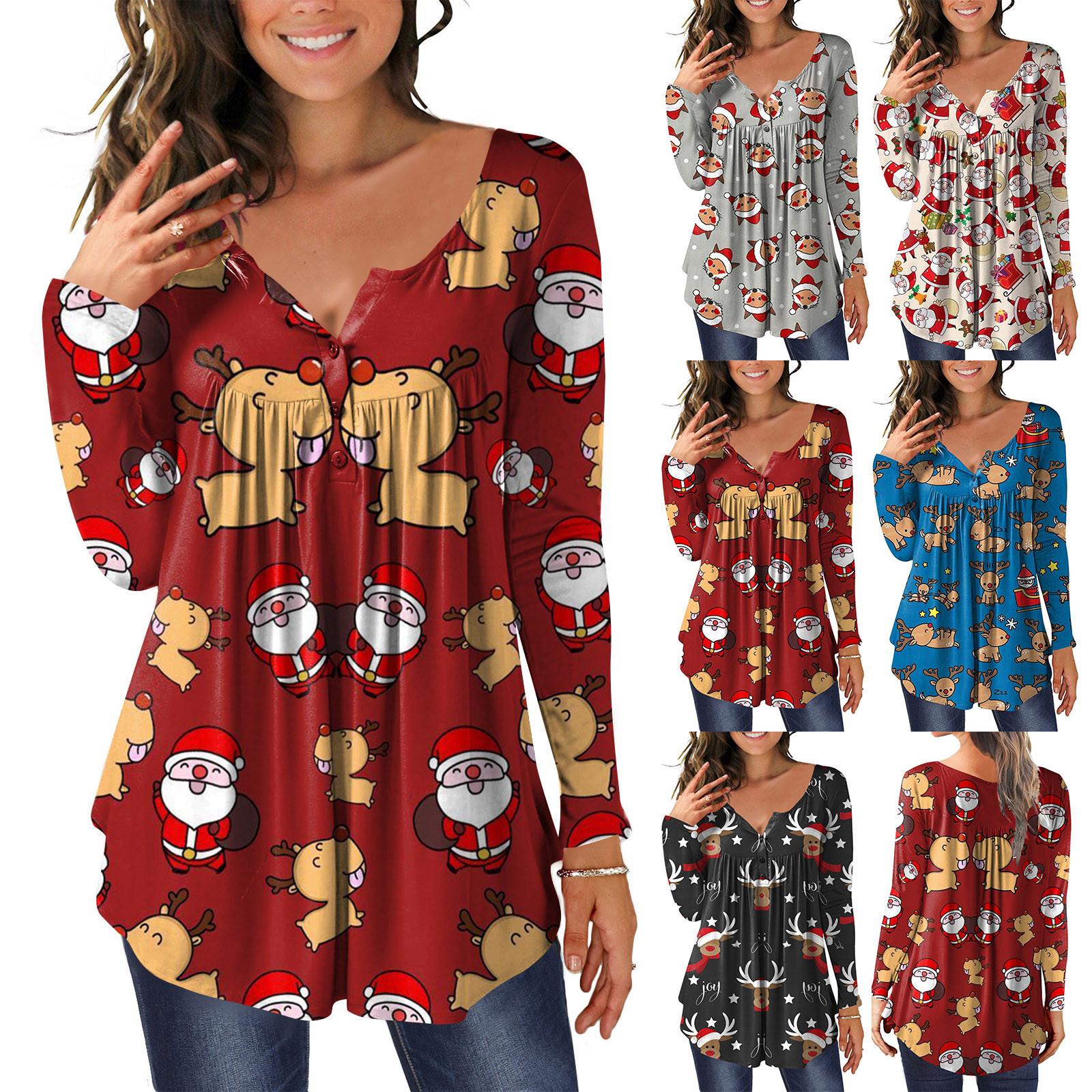 

Модная женская рождественская повседневная свободная рождественская блузка с длинным рукавом