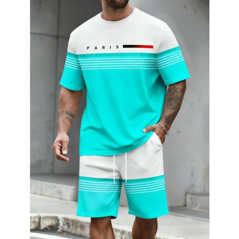 Fashion Stripe Printed T-Shirt Shorts 2-Piece Set Plus Size Outdoor Casual Men's Clothing Breathable Short Sleeve Shorts Suit