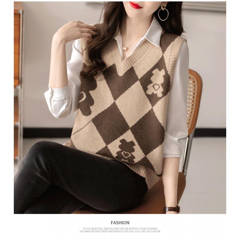 

Женский вязаный шерстяной жилет в клетку - свитер-жилет весна/лето One Size хаки
