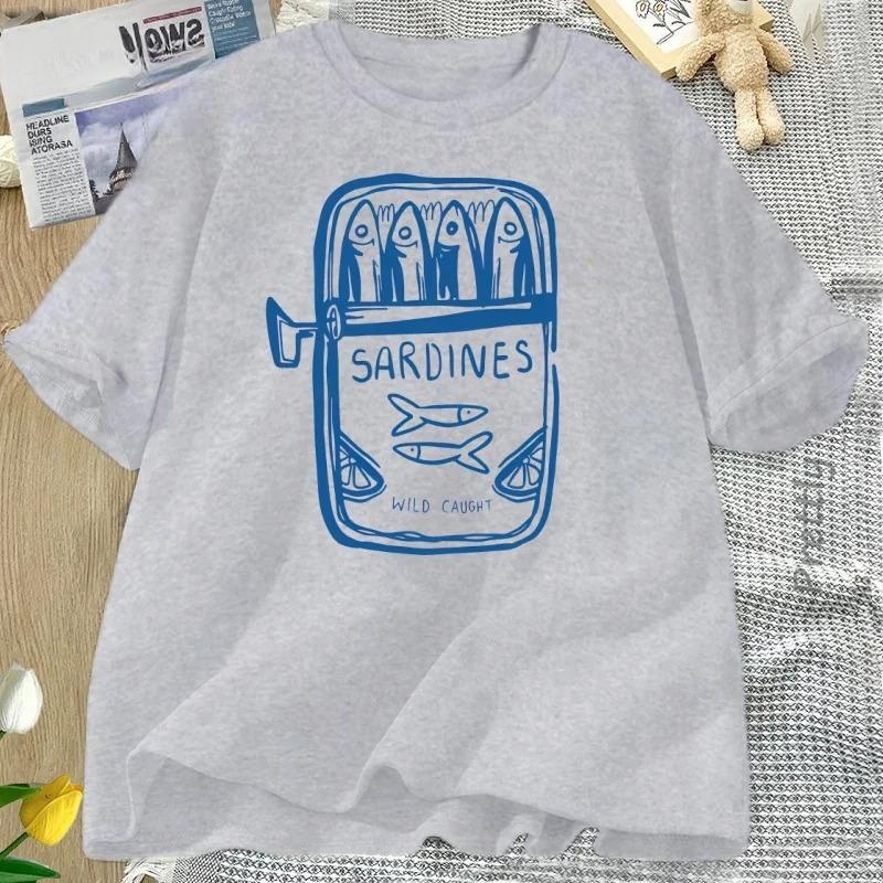Sardine  Fisherman Beach Printed Short Sleeve Tshirt Casual Round Neck T Shirt Summer Casual Printed WomenT Shirt Clothing Tops
