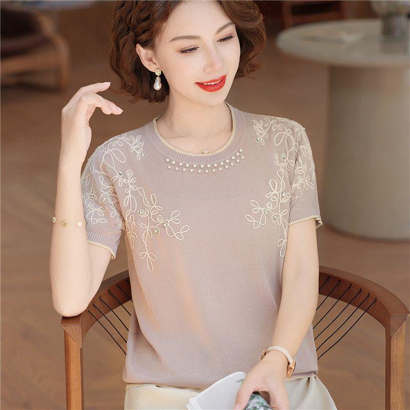 

2026 Summer Ice Silk Top for Middle-Aged Women - Short Sleeve T-Shirt Set M (90-105 Jin)